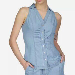 NEW Michael Kors Womens XS Button-Front Collared Skyblue was Tank Top